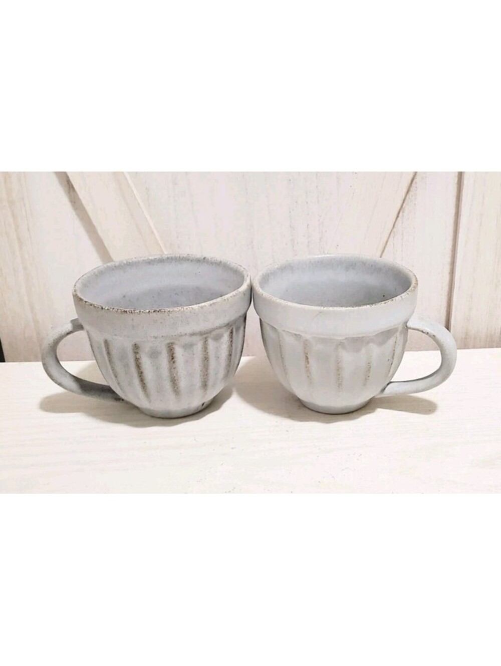 Pottery Barn Mendocino Fluted Stoneware Coffee Latte Cappuccino Mugs Blue Gray